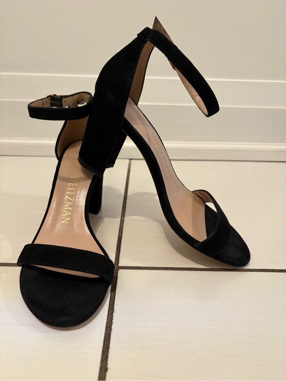 Ladies Stuart Weitzman, Black Suede Nudist Block Heel Sandals, Sz 35